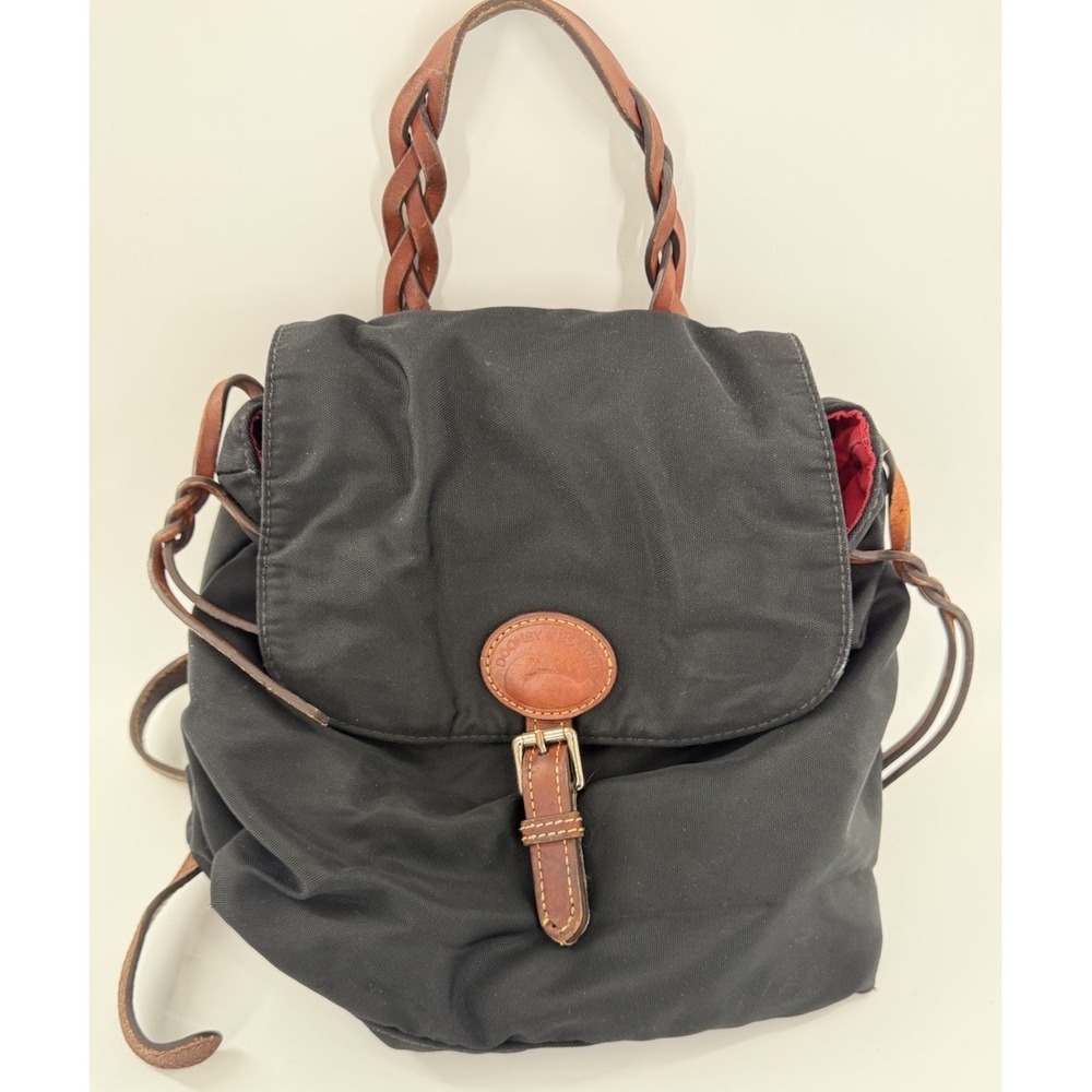 Dooney & Bourke Black Nylon Leather Trim Buckle Flap Backpack Classic Timeless